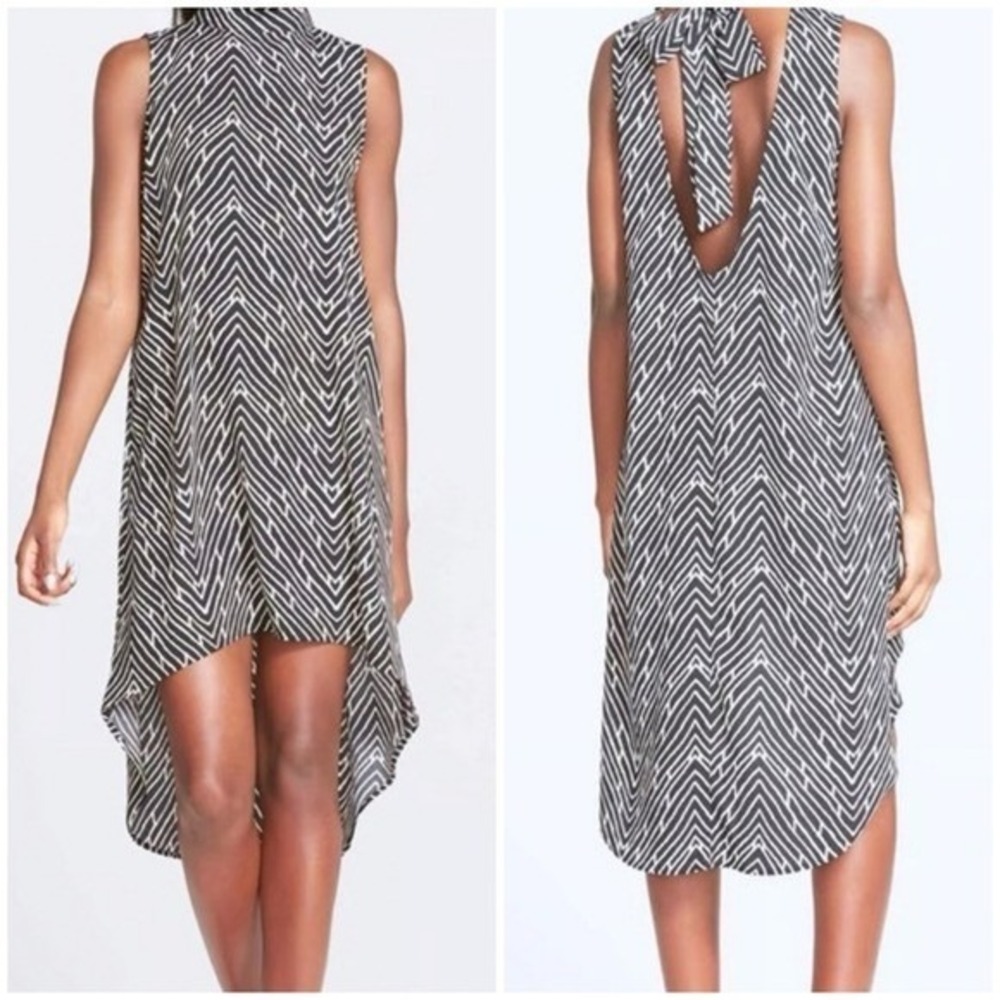Leith Black Cream Geometric High Low Swing Dress XS Mock Neck Backless